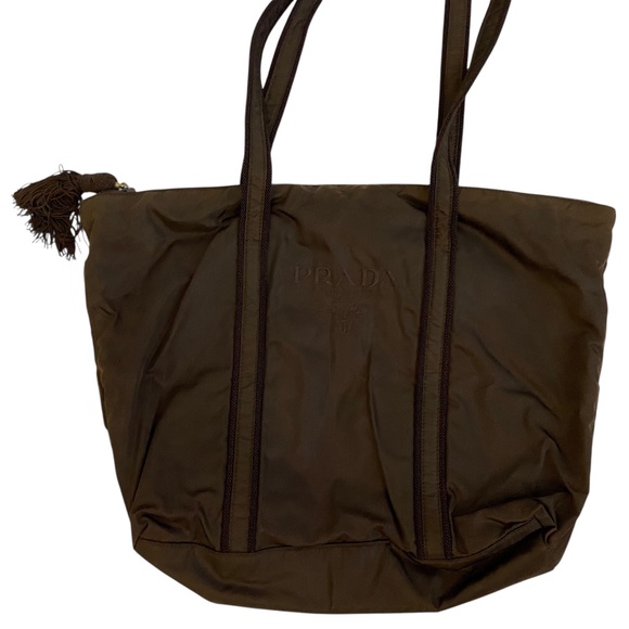 Prada Tessuto Nylon Zip Tote Bag – Chocolate Brown, Embroidered Logo + Tassel - Picture 5 of 15
